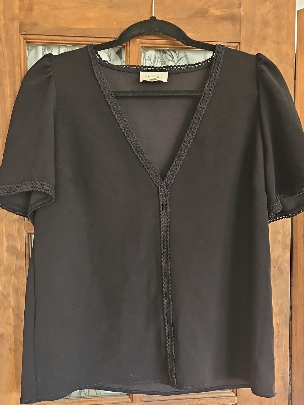 Sezane Black V-Neck Crochet-Trim Top